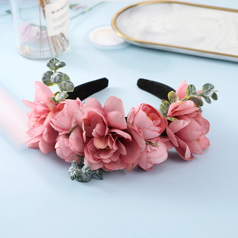 AWAYTR Flower Headbands Bridal Hair Ornaments Rose Floral Hairbands for Women Bezel Hair Bands Spring Wedding Garlands Crown