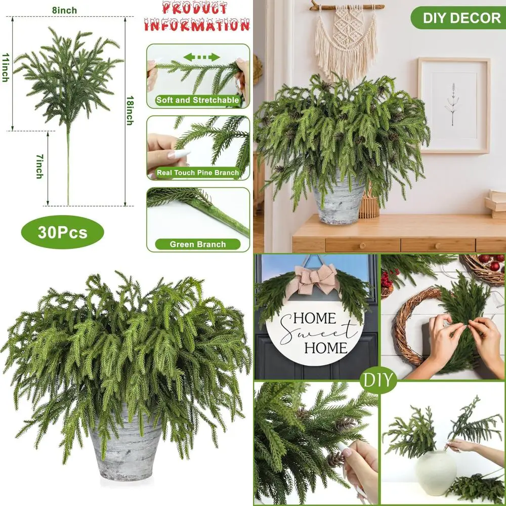 

Artificial Green Pine Stems - 30 Pieces, 18 Inch, Real Touch for DIY Christmas Decor and Flower Arrangements