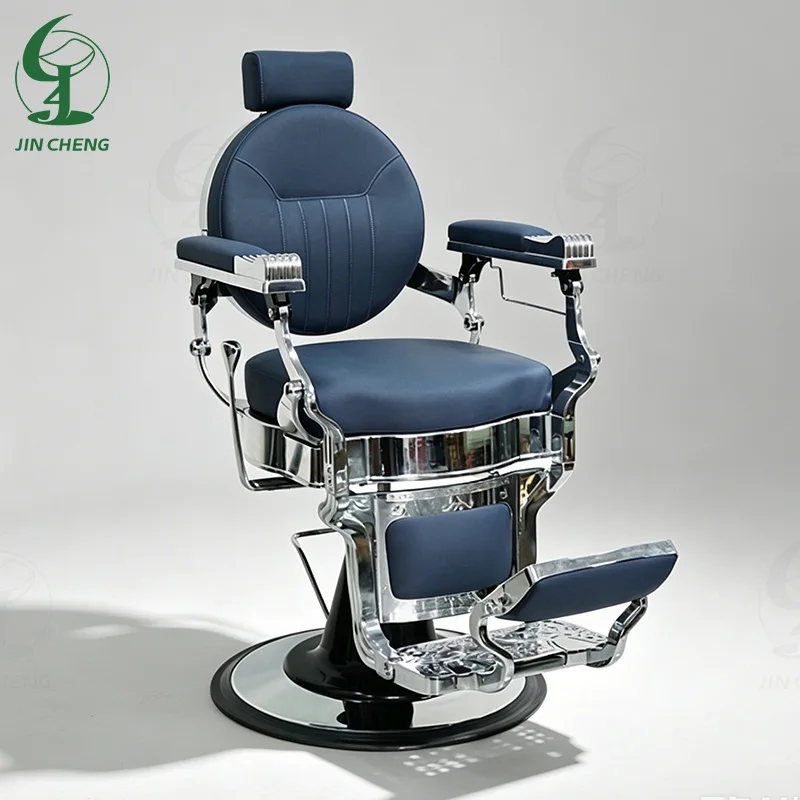 Jincheng Hair Salon Furniture Retro Blue Barber Chair Professional Modeling Men's Antique Reclining Shaving Luxury Barber Chair.