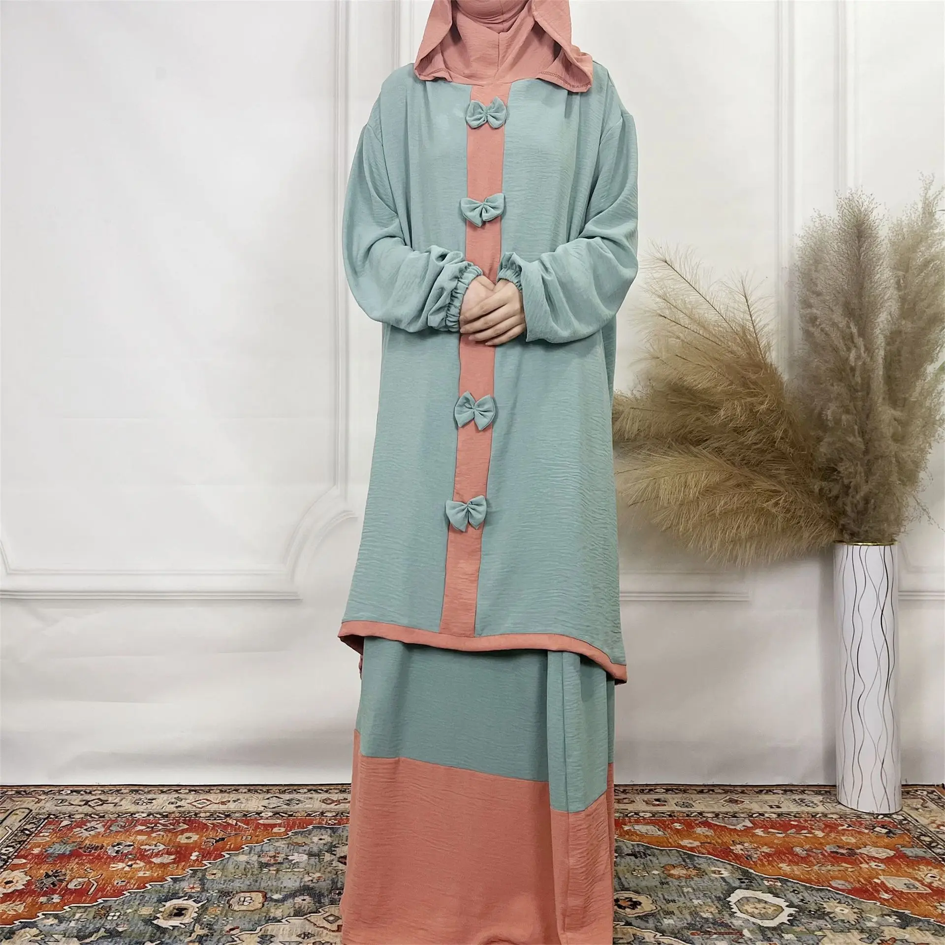 2024 Muslim Set Women Clothing Dubai Abayas Ramadan 2 Piece Set Eid Hooded Bow Long Sleeve Top Skirt Outfits Robe Kaftan Dresses