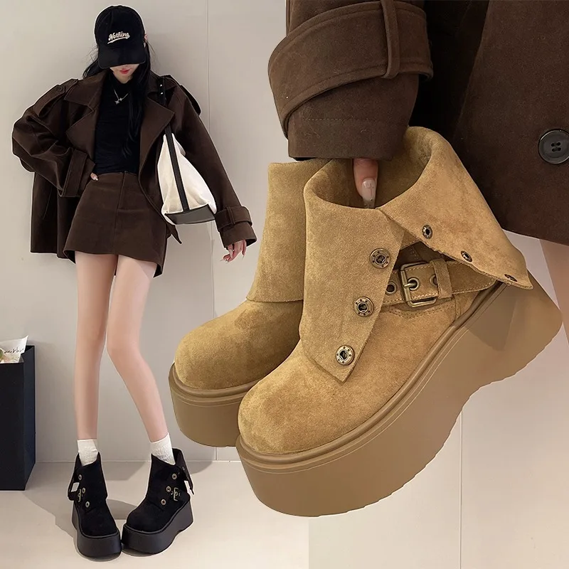

Новинка 202, одинарные ботинки на танкетке, женские модные замшевые ботинки с круглым носком и металлической пряжкой, нескользящие износостойкие ботинки на платформе