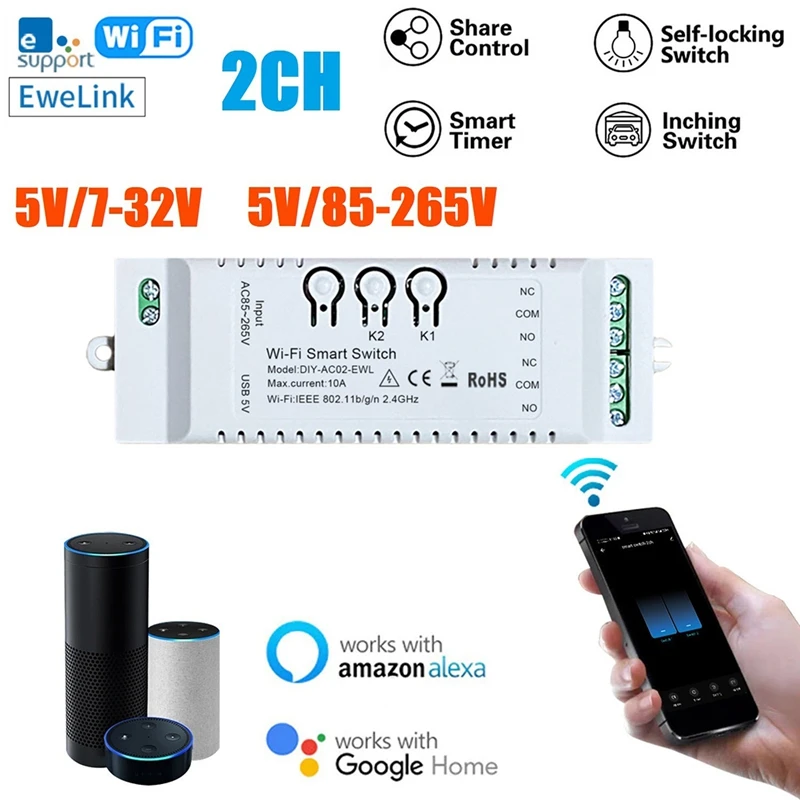 2CH WiFi Smart Switch DIY APP 85-265V USB 5V 2.4G WiFi Home Automation Module for Alexa Home