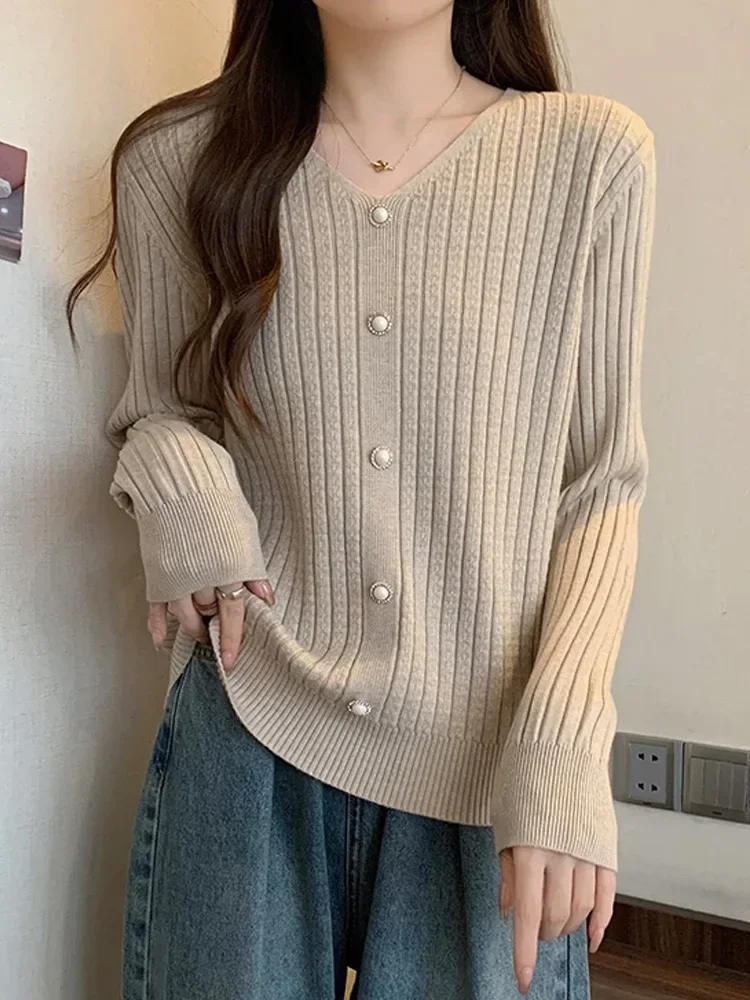 

Korean Vintage Elegant Sweater Women Stylish Fashion Chic Pullover Tops Autumn Winter Long Sleeve V-neck Loose Ladies Jumper