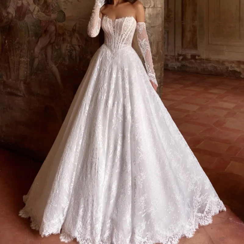 Pearl White Lace Appliques Wedding Dresses Decal Skirt Long Tail A-Line Skirt Made Wedding Dress Bridal Gown Customize