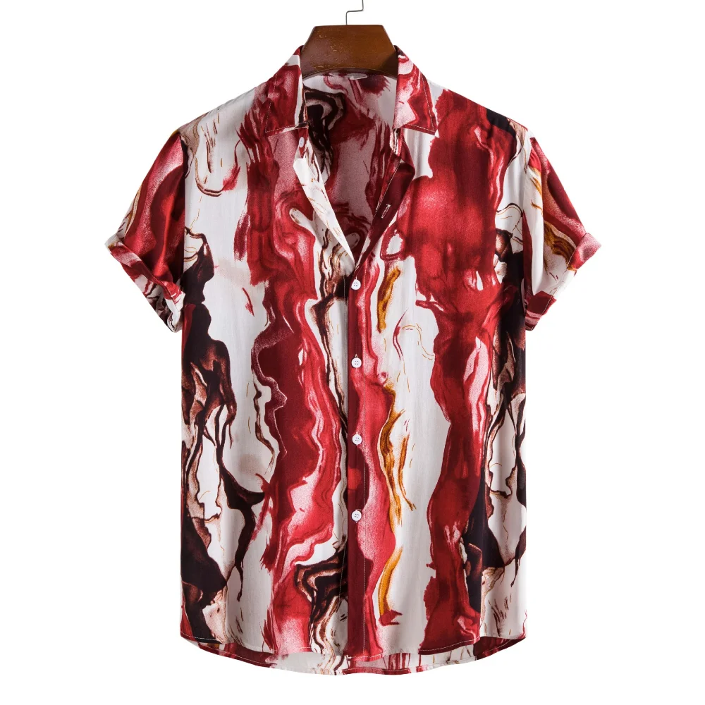 

Men's Summer Short Sleeve Shirt Cotton Ink Painting Pattern Hawaiian Beach Male Shirts Casual Blouse Tops Camisas Masculinas