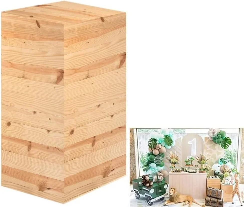 Light Wood Square Cylinder Plinth Covers Pedestal Covers for Safari Animals Farm Baby Shower Birthday Balloon Party Decor