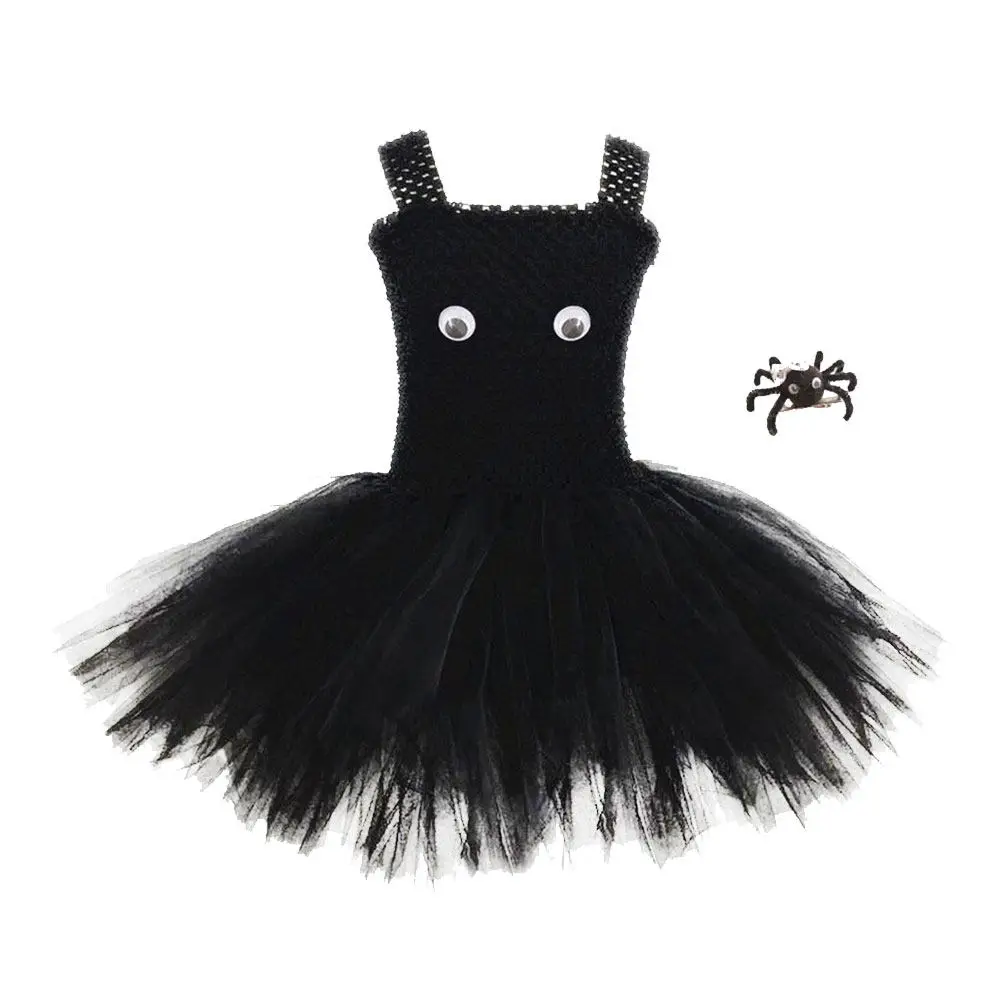 1 Juego de vestido tutú de araña para niñas, conjunto de disfraz de Halloween con pinza para el pelo, tela suave y transpirable, vestido de fiesta sin mangas para niños