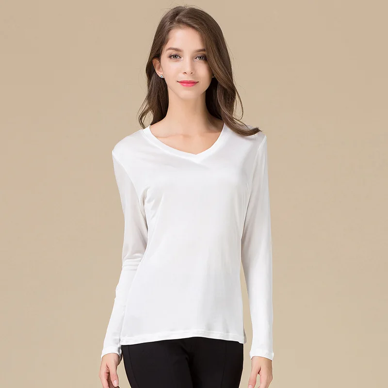 Birdtree Natural Silk Women T shirt Long Sleeves V Neck Plain Basic Tees 2023 Fall New White Black Bottoming Tops P36074QC