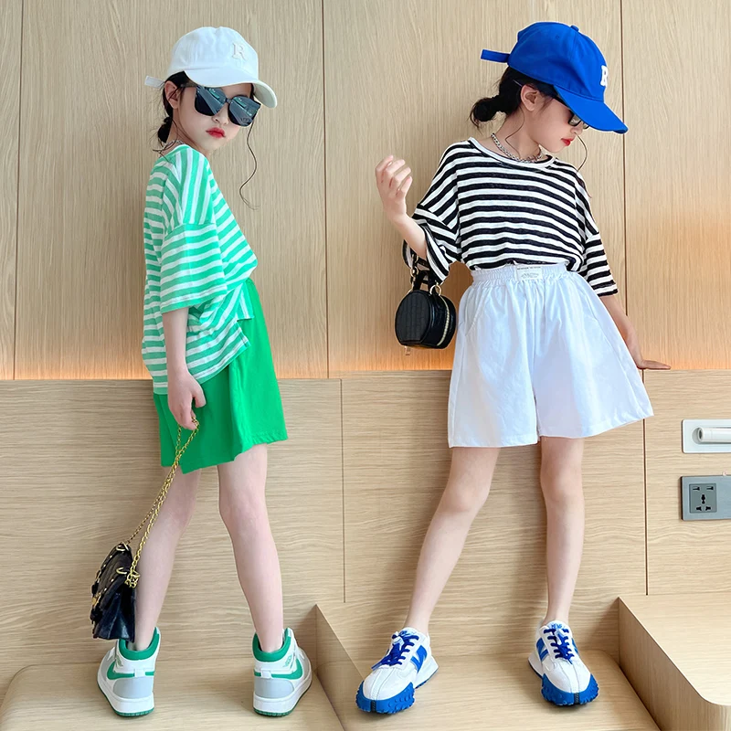 Summer Girls Clothing Sets 2pcs Tracksuit Children Cotton Suit kids Striped Outfits 10-12T Tees+Shorts Girls Clothes Casual Sets