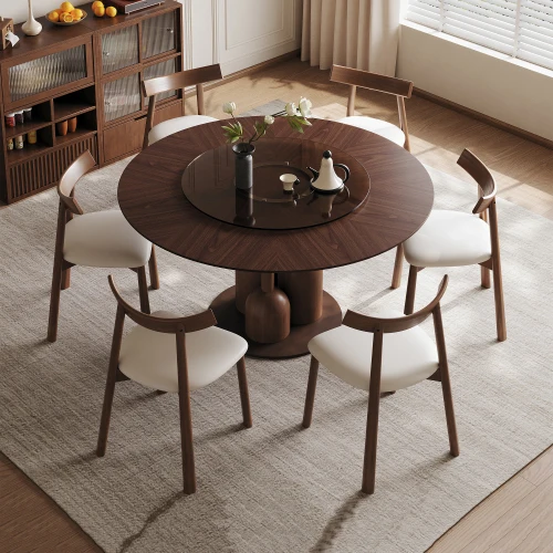 # Oak Dining Set 6 Solid Wood Chairs 35-inch Floating Glass Lazy Susan Eco-Friendly Modern Dining Room