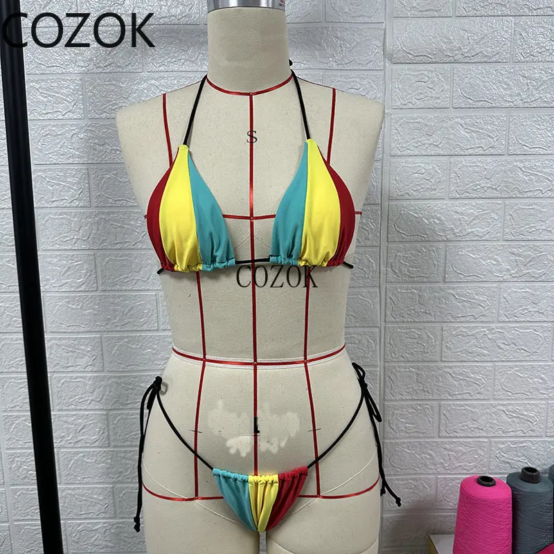 Women Sexy Bikini Two Piece Set Halter Backless Lace Up Printing Triangle Bathing Suit Beachwear for Female