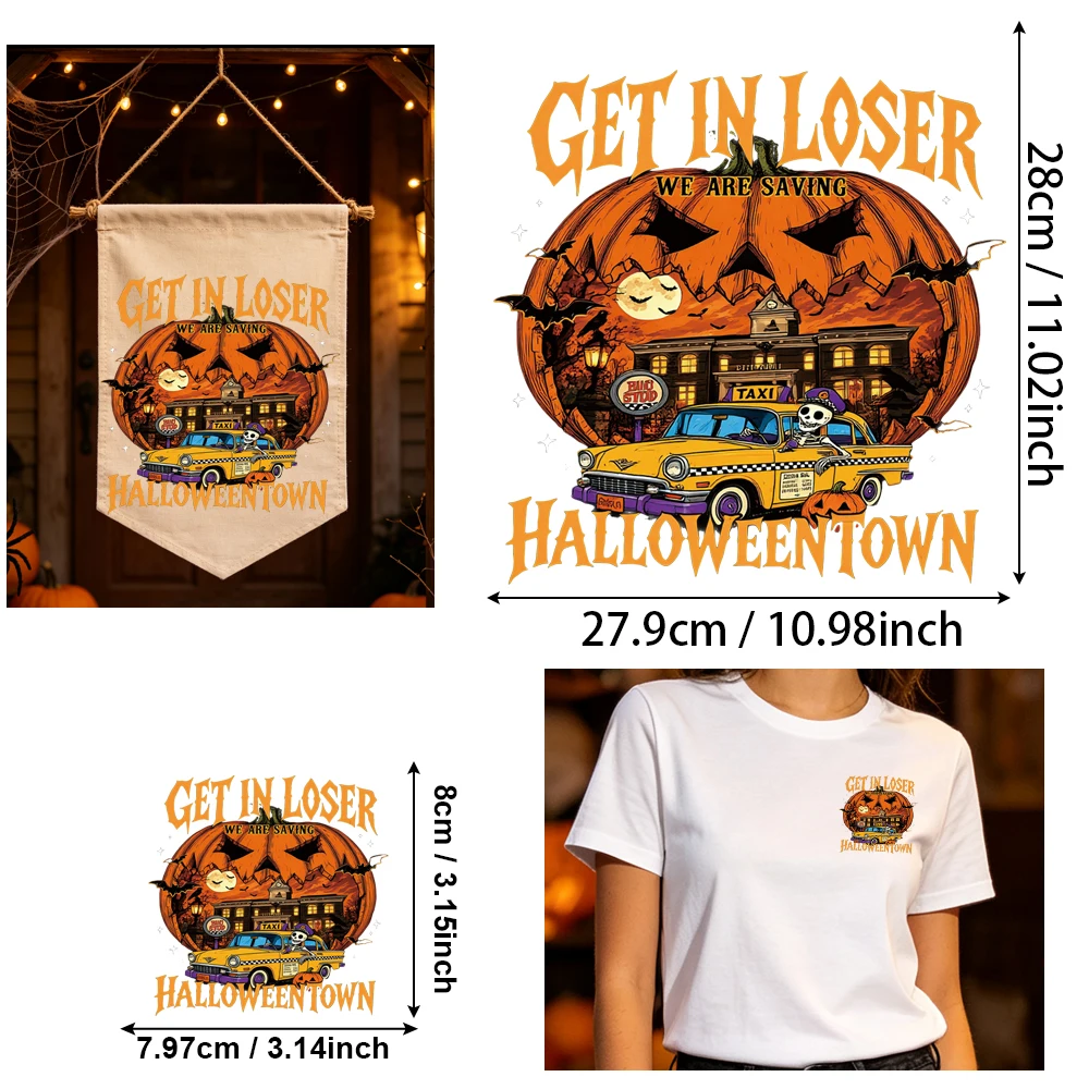 2Pcs HD Halloween Vinyl HTV Iron On, Orange Purple Skeleton Pumpkin, Washable Stretch Resistant, for Hat & Pillow DIY