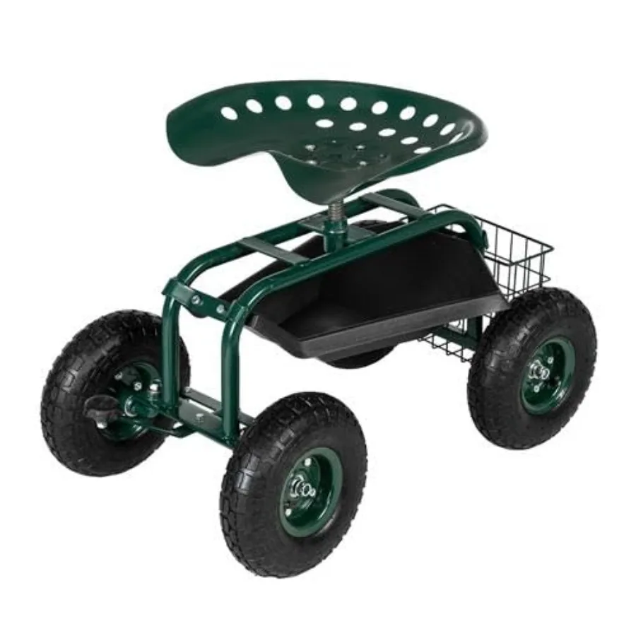 Garden Cart with Rolling Seat, Wheels, Steering Handle and Utility Tool Tray, Planting Wagon Scooter, Gardening Tool for Senior