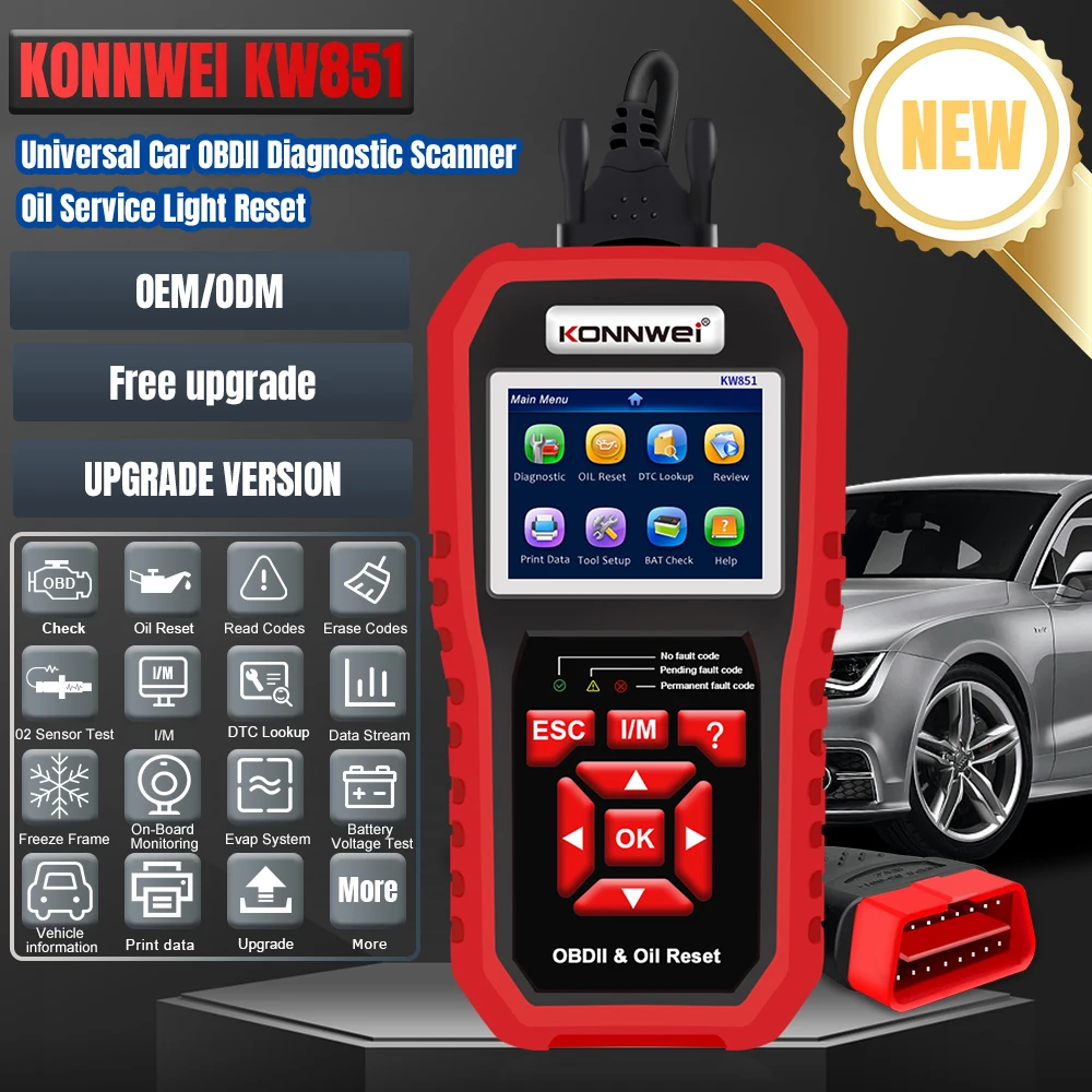 KONNWEI KW851 Car OBDII Diagnostic Scanner Oil Service Light Reset Read Clear Codes O2 Sensor Tester I/M Diagnostic Tool