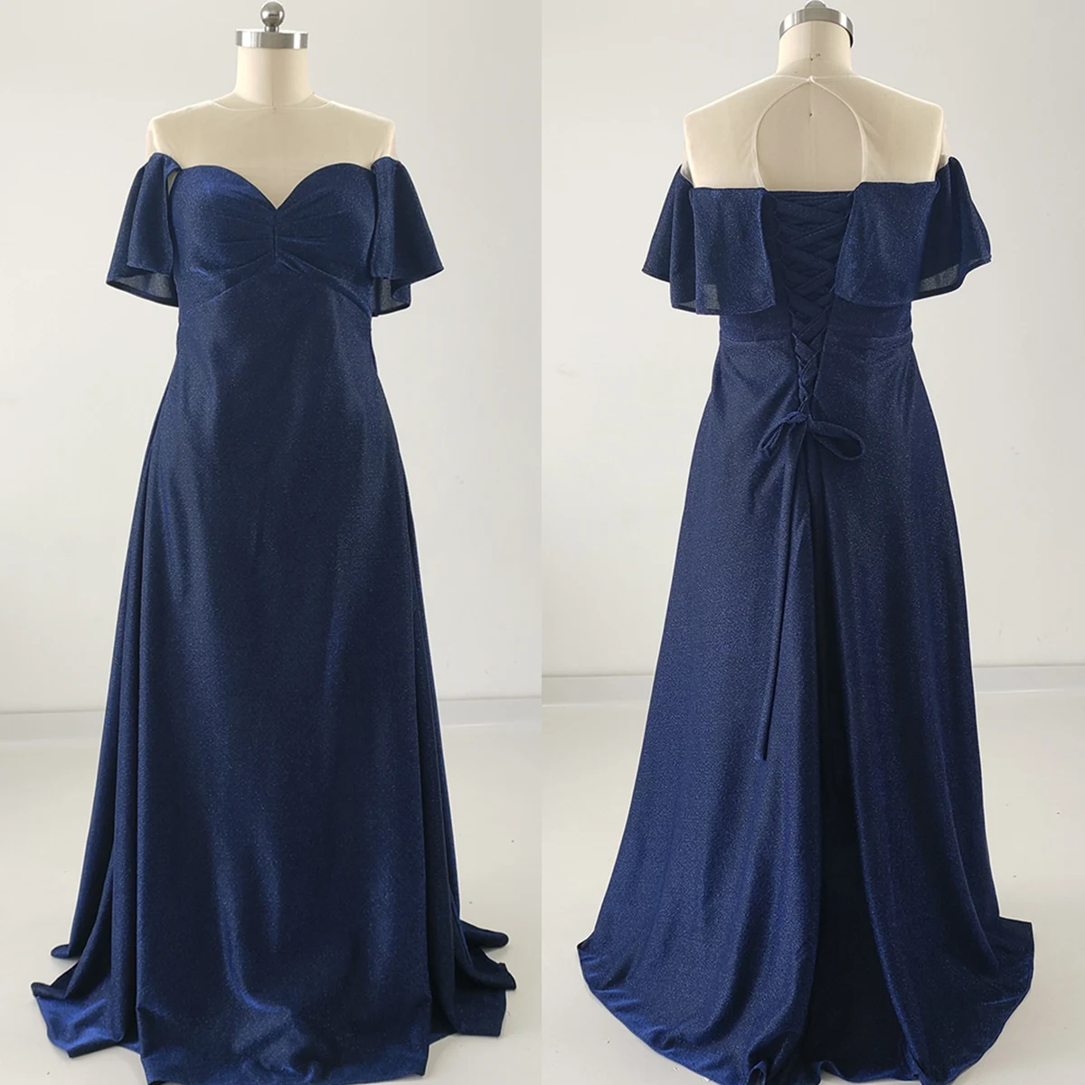 

Real Photo Evening Dress Navy Blue O-Neck Short Sleeves Pleat Floor Length Lace Up A-Line Plus size Lady Formal Party Gown R1499