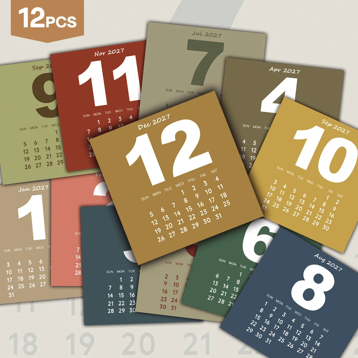 12pcs 2027 Morandi Color Square Monthly Calendar Cards,Home Office Wall Calendar Collage Kit Supplies,Gifts For Planner Lovers