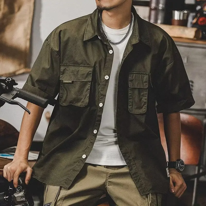 

American Retro ort Sve irt Loose een Men's Summer Workwear irt with Multiple kets Harajuku Sle Spor Look