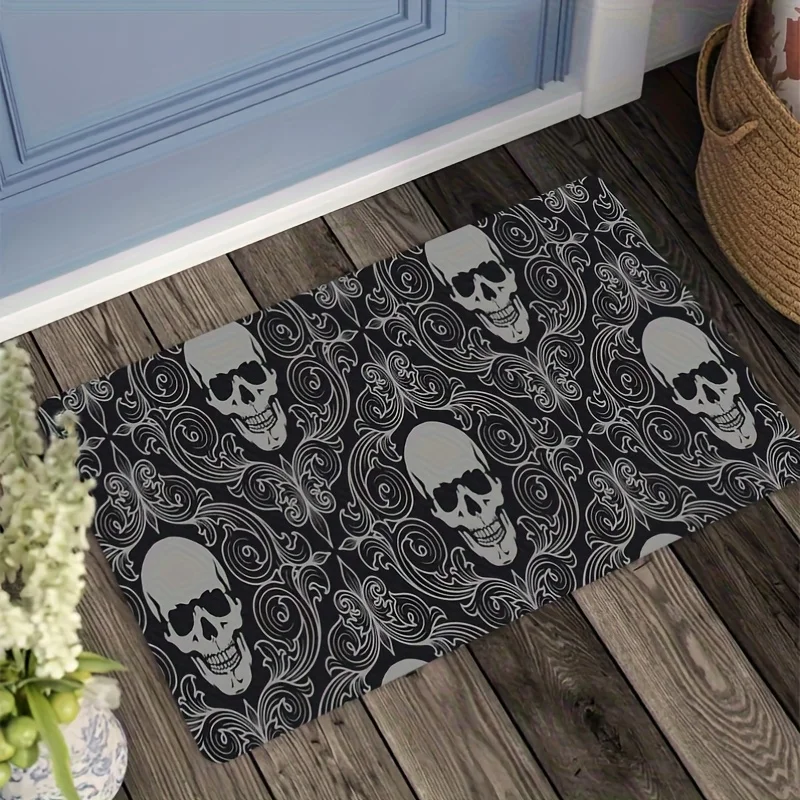 Skull Pattern Printed Flannel Rug Gothic Design Home Decor Black White Contrast Halloween Theme Doorway Art Entrance Accent