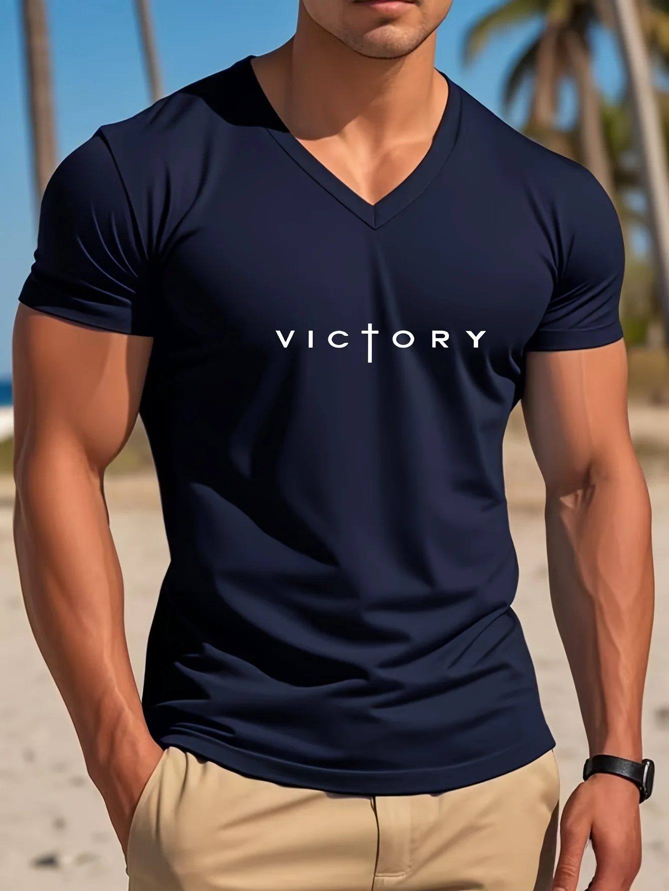 

Men's Casual V-neck T-shirt with "Victory" Printed on The Chest Simple and Eye-catching Design Sports Top Made of Pure Cotton