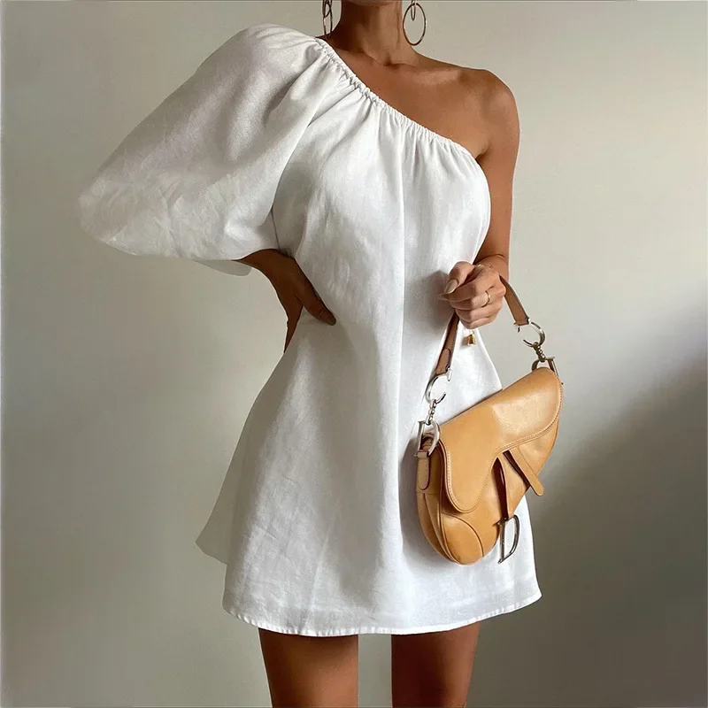 

Women One Shoulder Puff Sleeve Slim Waist Short Dresses 2024 Summer Solid Cotton Linen Mini Dress Temperament Prom Dresses