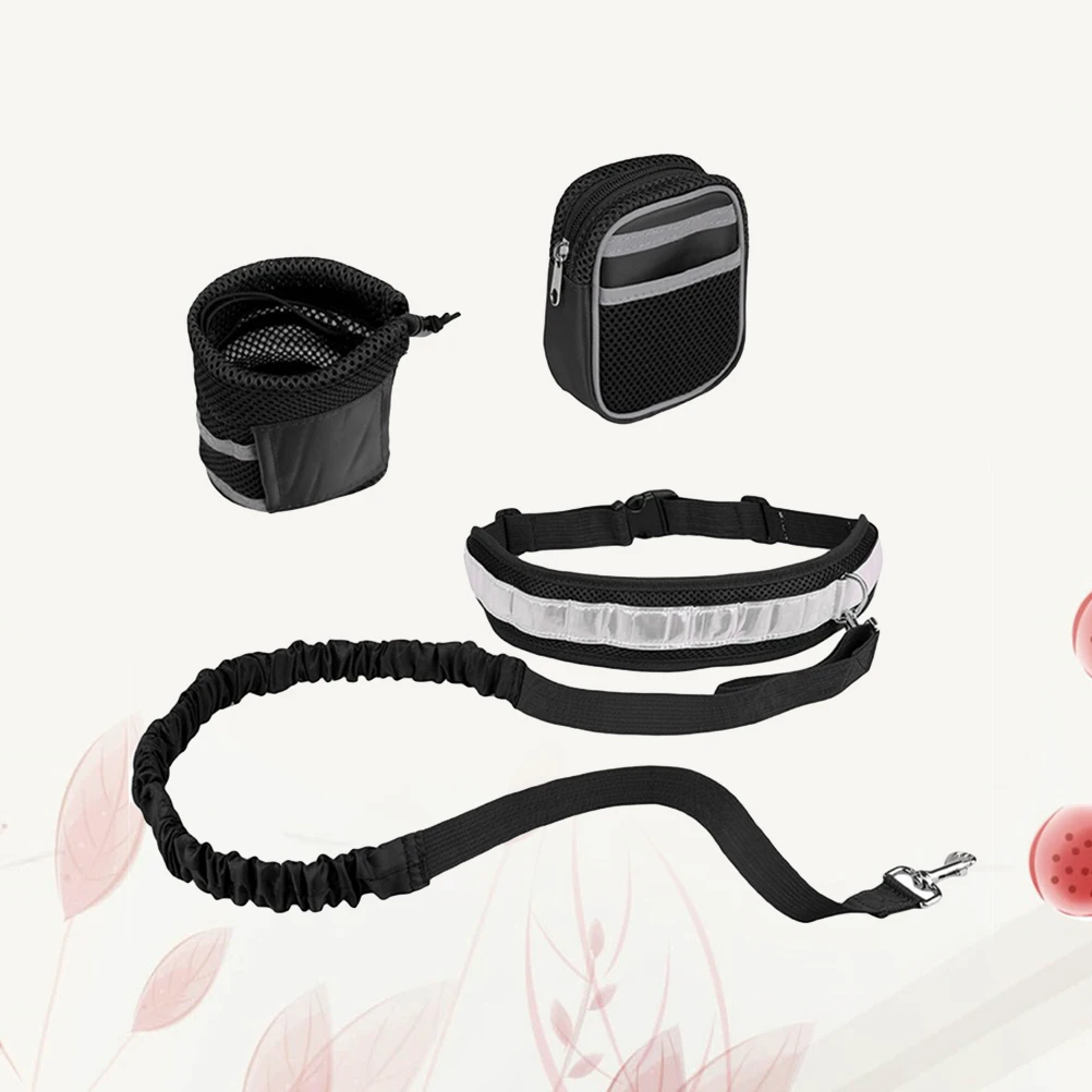 

4Pcs Set Pet Dog Running Leads Retractable Adjustable Waist Belt With Phone Pouch Reflective Strip For Safe Night Jogging Black