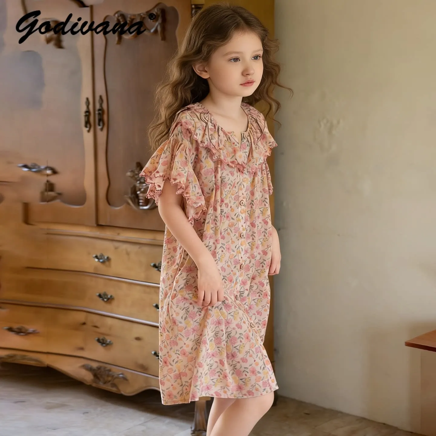 Baby Girls Summer New Short Sleeve Cotton Nightgown Toddlers Sweet Floral Breathable Loose Soft Ruffle Collar Princess Sleepwear