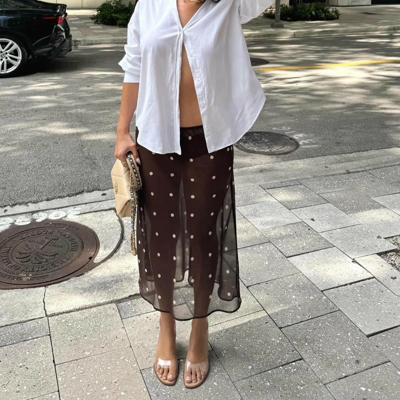Combhasaki Vrouwen Polka Dot Sheer Y2k A-lijn Rok Sexy See Through Laagbouw Lange Rok Flowy Mesh Cover Up Maxi Rokken Beachwear