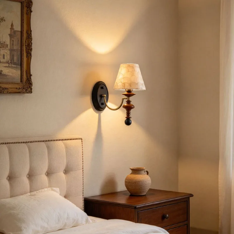 French Retro High-end Iron Wood Shell Home Decor Sconce LED Room Wall Light For Bedroom Villa Living Room Lighting Fixtures