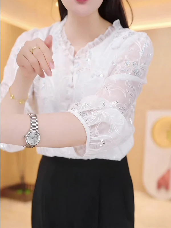 

Spring Summer 2026 New Style Women's Fashionable Versatile Lace Top Slimming Age-Defying High-End Feel Loose Fit Short Sleeve...