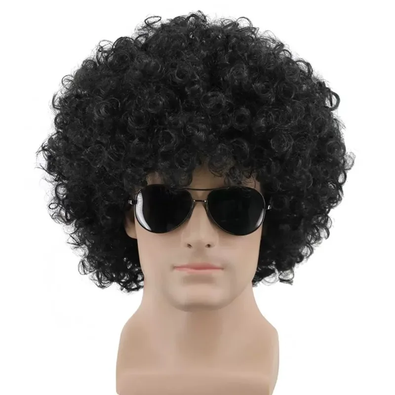 Men's Fluffy Small Wool Curls Synthetic Full Wig, Black Afro Rock Punk Hairstyle for Halloween Party Costume Cosplay