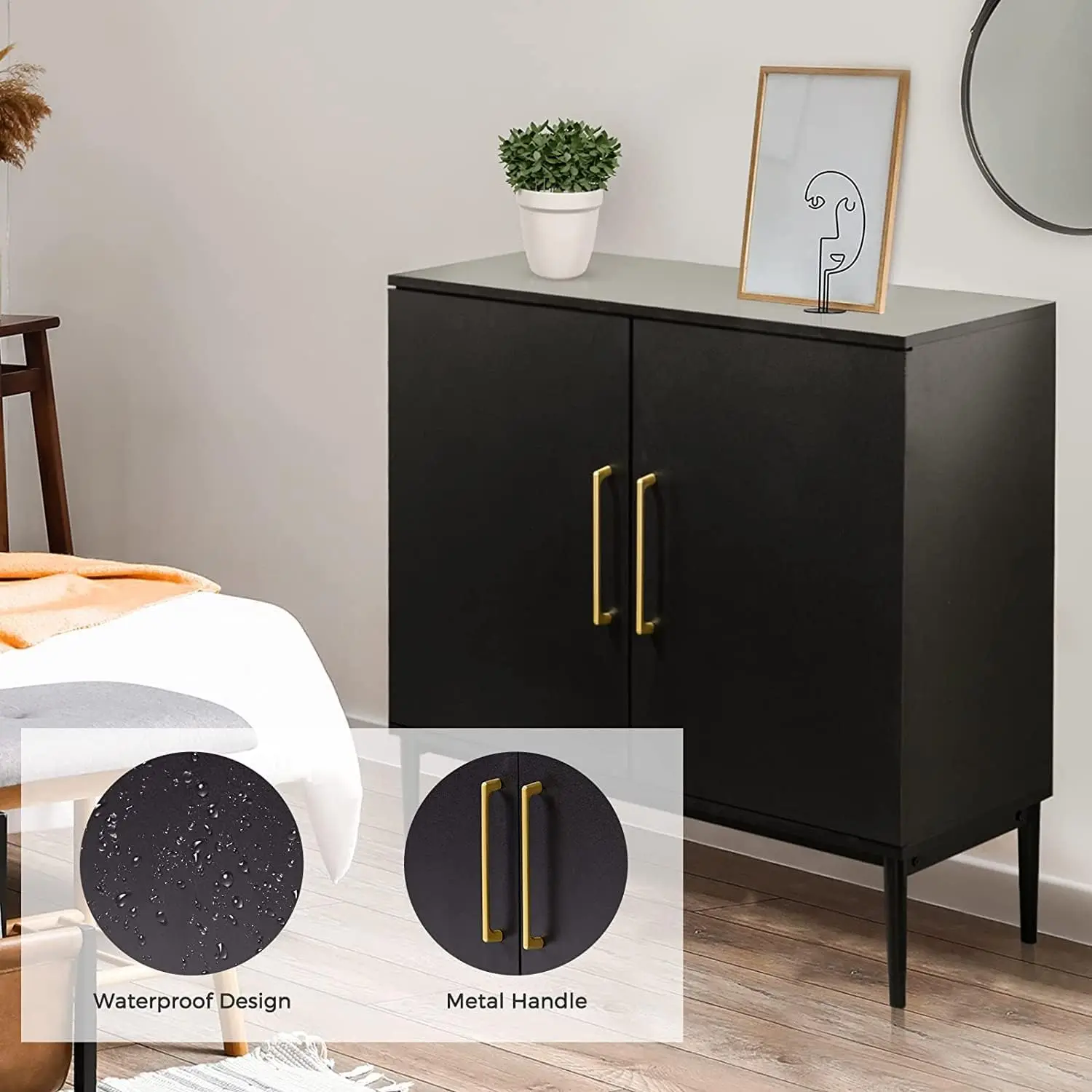 Ensemble de 2 armoires de rangement latérales noires, armoire autoportante, armoire d'appoint en bois avec portes, buffet noir pour chambre à coucher, cuisine