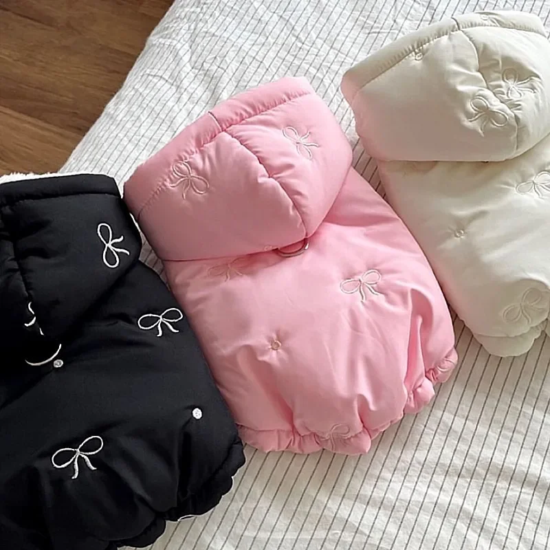 تيدي بير أنيق أسفل سترة فريز القوس المطرزة معطف الكلب الشتاء الدفء معطف مقنع سميكة الحيوانات الأليفة اكسسوارات الكلب الحيوانات الأليفة القماش #4