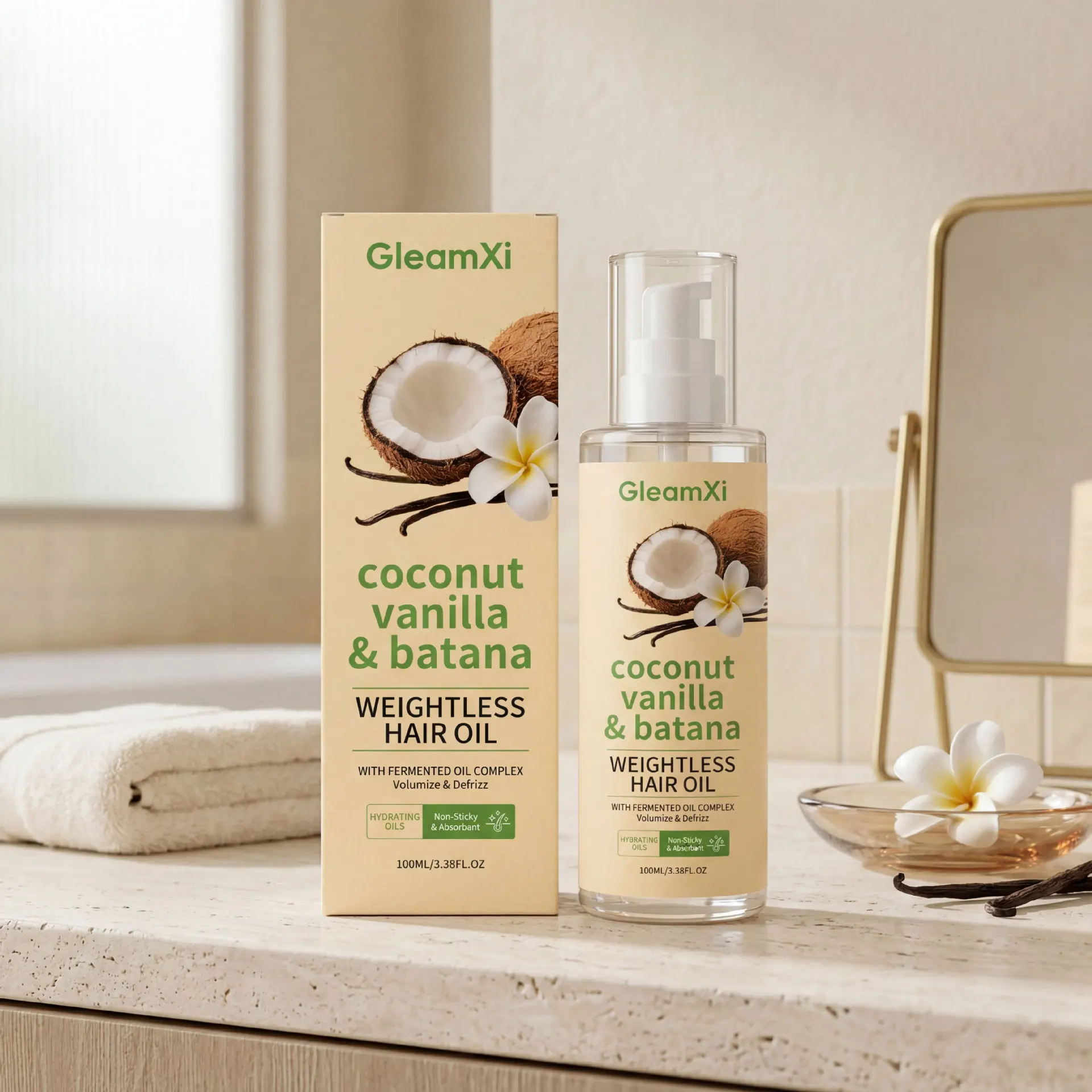 Aceite Capilar de Coco y Vainilla Gleamxi, Hidratante, Nutritivo, Anti-Frizz, Voluminizador, Reparador para Cabello Rizado, Seco y Dañado, Tratamiento Capilar