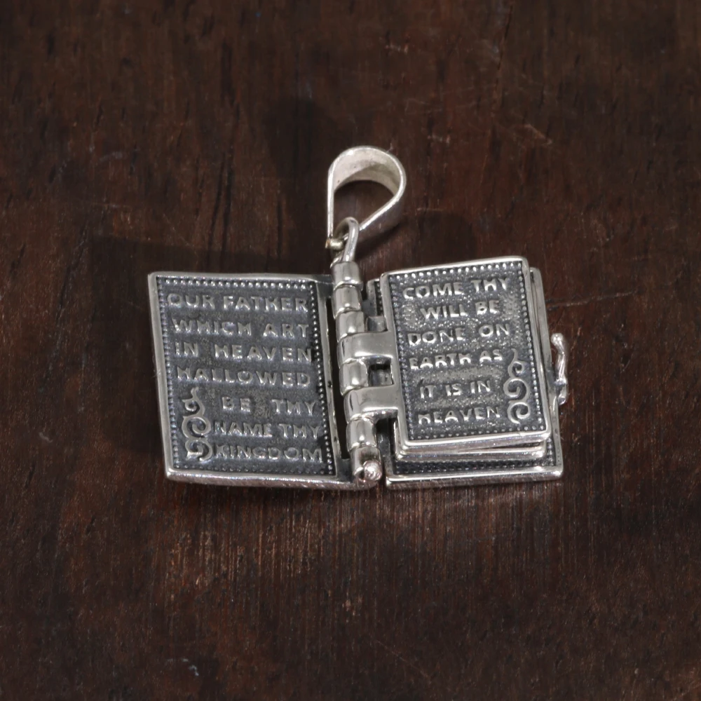 925 Sterling Silver Holy Bible Cross Pendant Necklace For Man And Women Book Type Carving Engraved Lord\'s Prayer English Letters