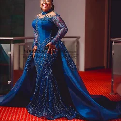 Aso Ebi Royal Blue Mermaid Prom Dress Beaded Sequined Formal Evening Party Gowns Long Birthday Engagement Robes De Soirée