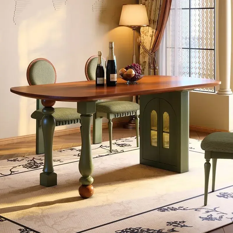 French retro solid wood dining table small apartment ash wood high-end rectangular medium and ancient style storage dining table