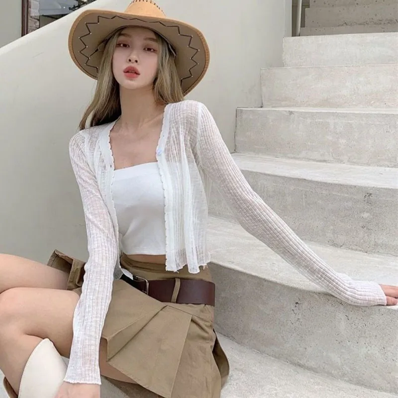 Lucyever Sun Protection Cardigan for Women Summer Thin Single Button Knitted Coat Female Sexy See Through Ice Silk Crop Tops