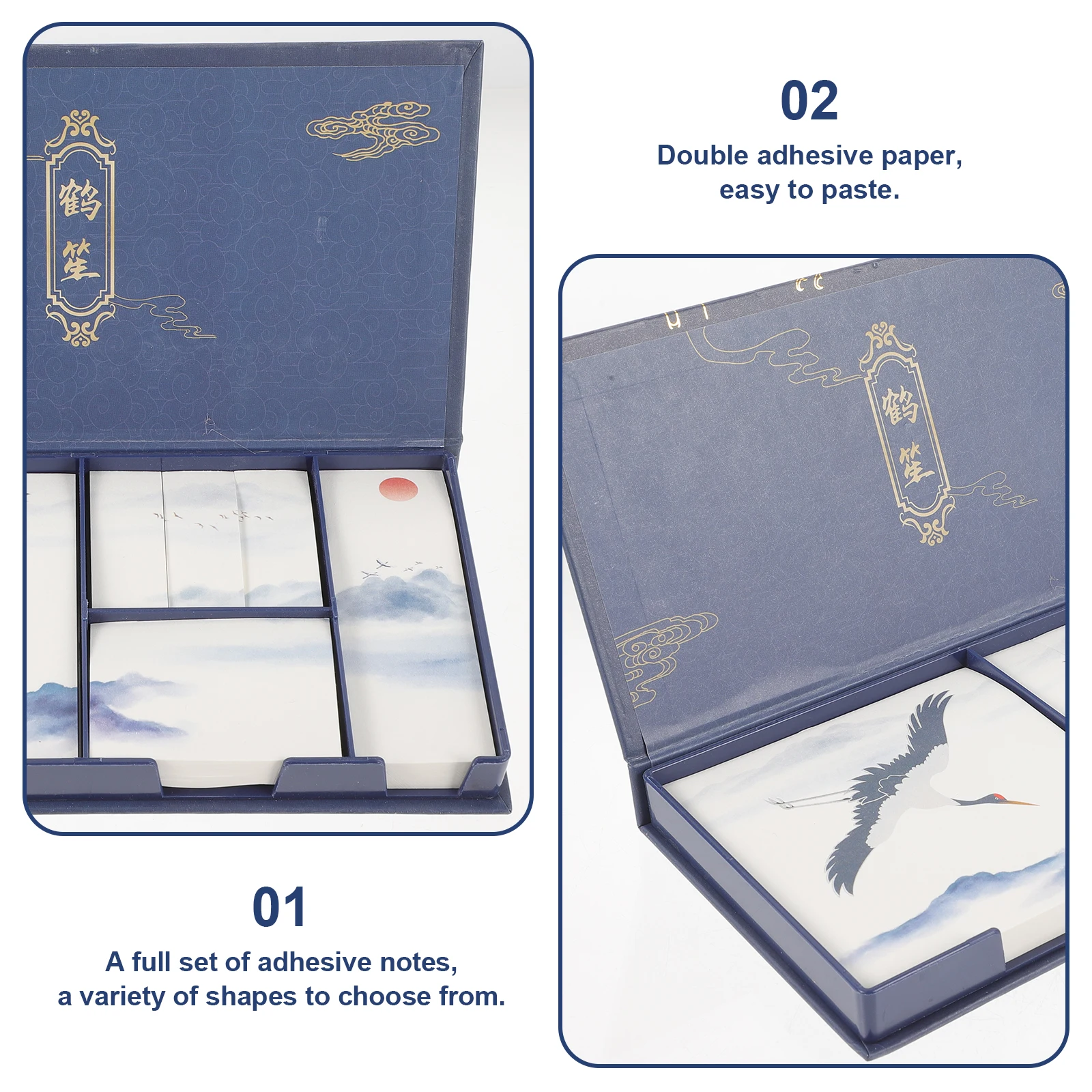 Adhesive Notes Set Chinese Style Memo Pads Crane Pattern Notepad Office School Supplies Double Sided Sticky Elegant Gift Ideas