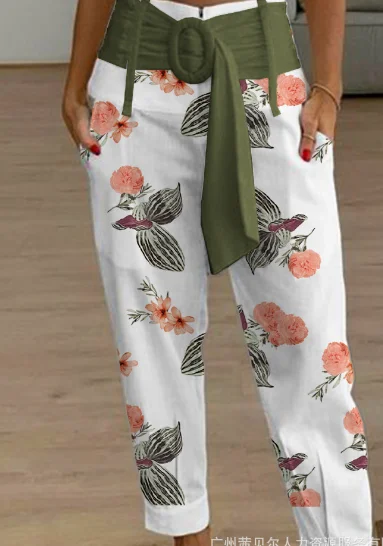 Damen hose mit hoher Taille Sommer lässig europäische & amerikanische Blumen druck Gürtel Tasche Design Mode Hose für Frauen