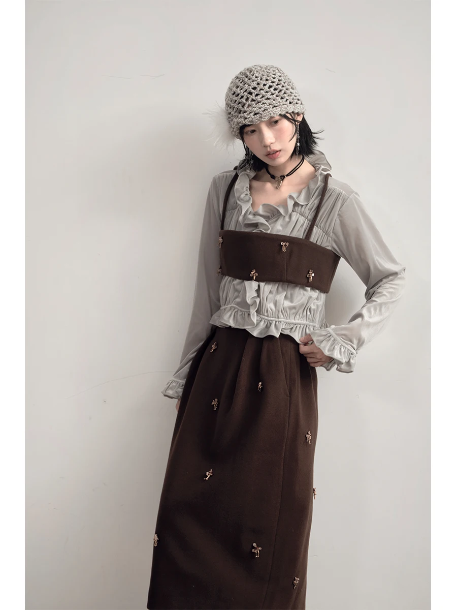 

Liparpa Heavy Embellished Belted Vest And Skirt Set High Waist A-Line Midi Skirt Rivet Detailing Two Piece Set Women's Fashion