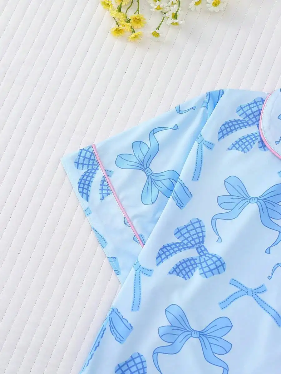 

Womens Bow Print Short Sleeve Button Up Pajama Set With Elastic Waist Shorts