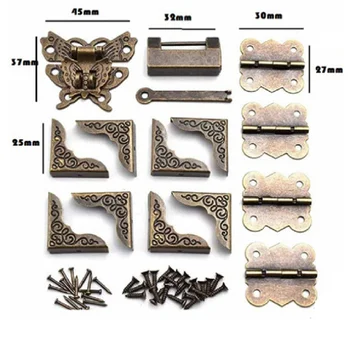 Loquet Rétro en Forme de Papillon pour Boîte à Bijoux Antique, Charnières et Protecteurs d'Angle, Kit pour Armoire, Valise, Boîte à Outils, 14 Pièces