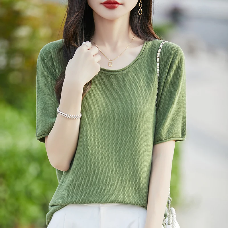 

Summer 100% Mercerized Cotton T-shirts Women O-neck Short Sleeve Loose Silky Pure Cotton Bottom Tees Tops