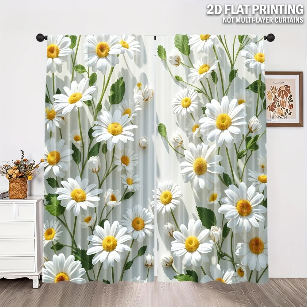 Fresh Full Print White Daisy Green Leaf Blackout Rod Pocket Curtain Light Cream Background Decor Minimalist Homestay Bedroom