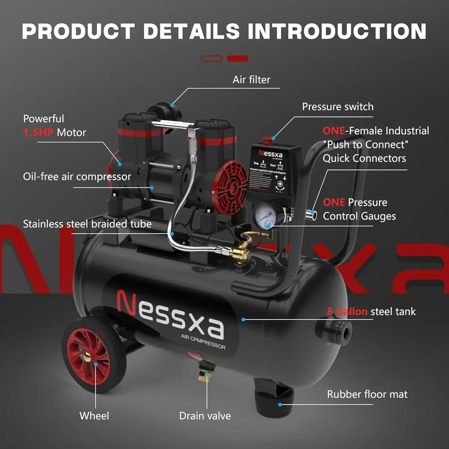 8 Gallon Ultra Quiet Air Compressor, 1.5HP 4.52 CFM, Max 115 PSI Oil-Free Air Compressor Tank for Car Repair, Spray Painting