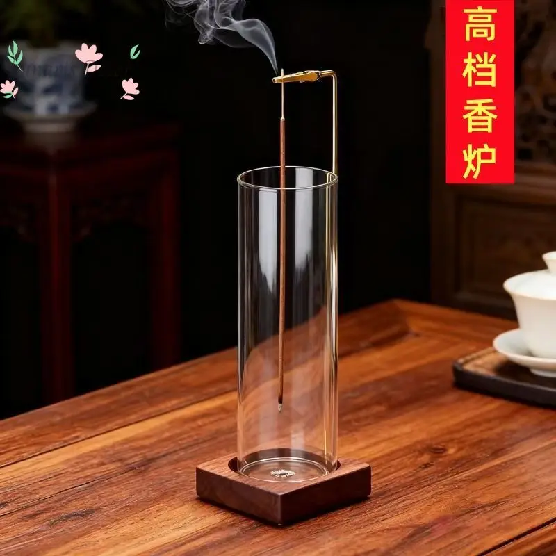 Transparent glass incense insert solid wood base line incense burner anti-ash cover household tea ceremony Zen ornament anti-ash