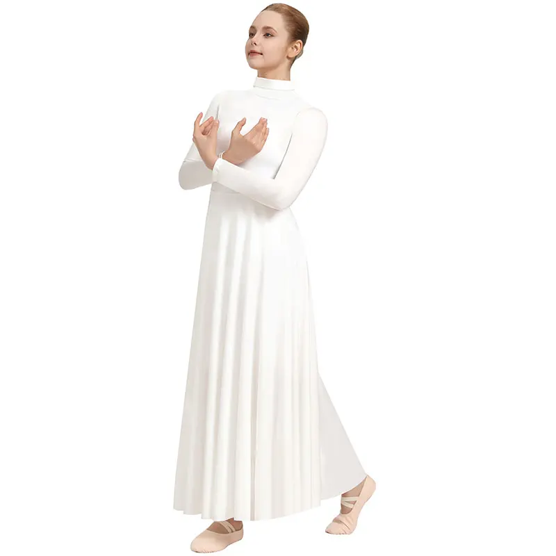 Women Praise Dance Dress Loose Fit Full Length Long Sleeve Worship Liturgical Costume with Free Cropping and Folding High Neck