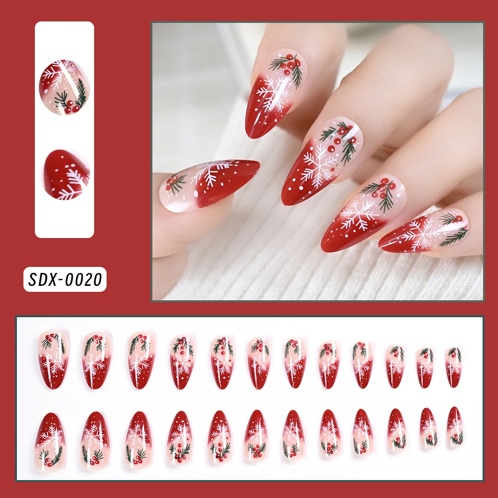 24Pcs Euramerican Christmas Press On Nails Red Short Almond Snowflakes Pine Leaf French Fake Nails Winter Xmas False Nails Tips