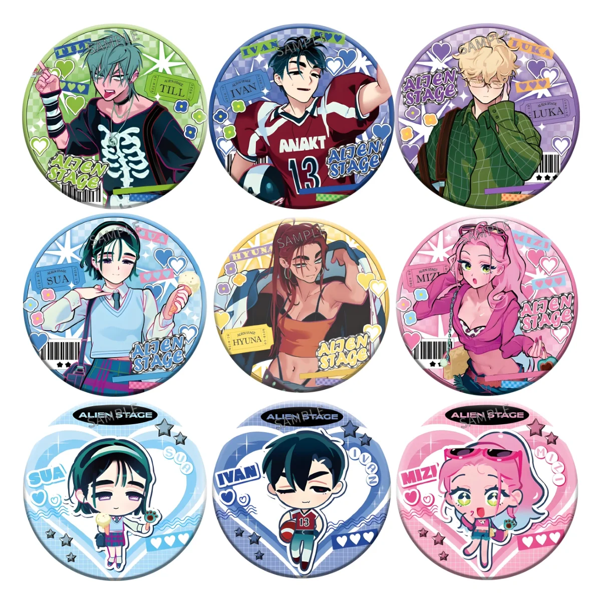 Anime ALIEN STAGE Holographic Laser Film Tinplate Button Badge Round Brooch Mizi Sua Till Ivan Hyuna Cartoon Character Keychain