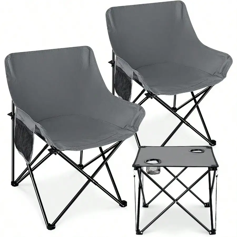 

2 Pcs Portable Camping Chairs For Adults And Oversized Chair And Folding Camping Table For Outdoor Fishing Beach Picnic Grey